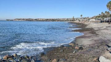 A beach with rocks and sand. 