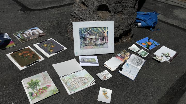 Artwork created at Key Ranch including images of the historic home and orange grove.