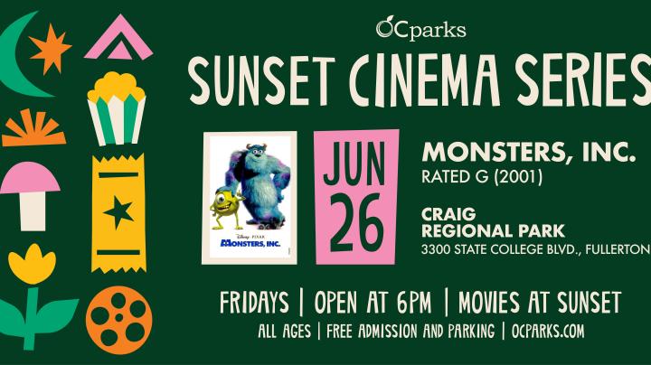 2026 Sunset Cinema Series Monsters, Inc. event on June 26 at Ted Craig Regional Park