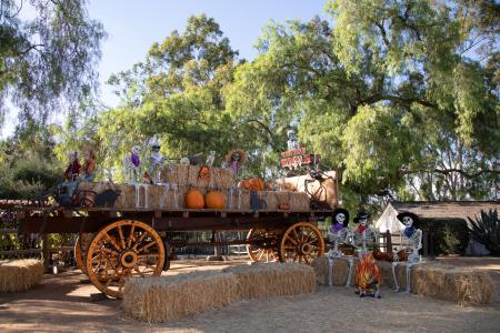 Fall and Halloween-themed displays on hay bales at Heritage Hill Historical Park in Lake Forest.